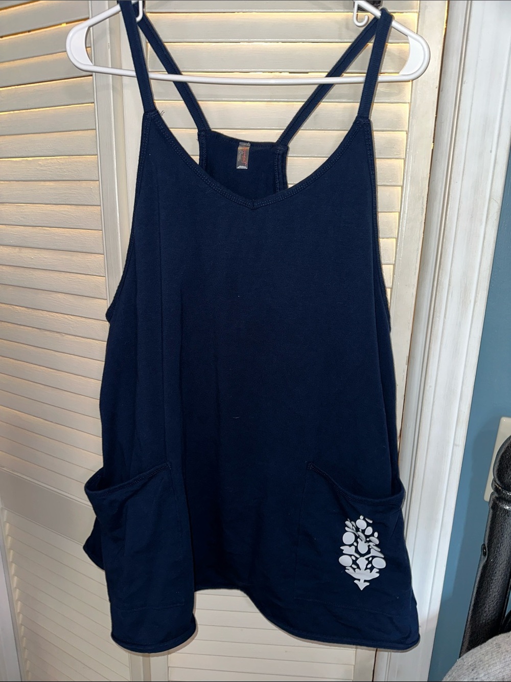 Free People Navy Tank with Pocket Floral Accent